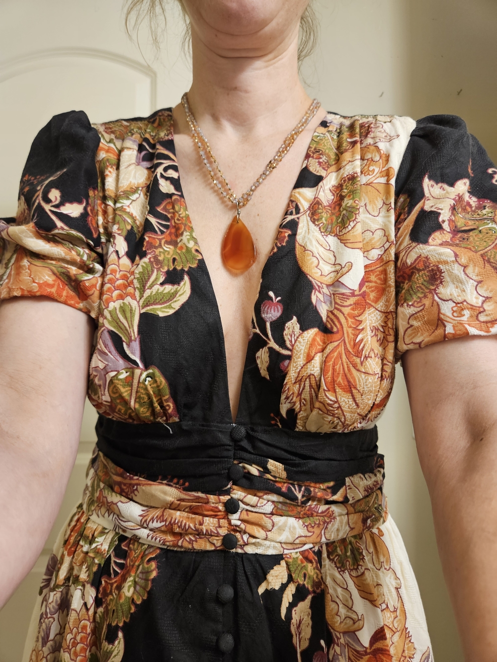 Anthropologie Katerina Button-Front Dress ✨ Cream Black Orange Floral Midi XS Bo - Picture 2 of 11